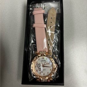 Women’s costume jewelry. Pink/Rose Gold Watch, Necklace, Ring, and Earrings